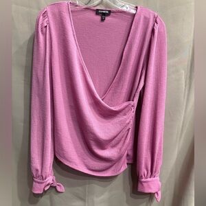 Express Pink Wrap Blouse Bow Tie Sleeves Deep V Neck Size Small